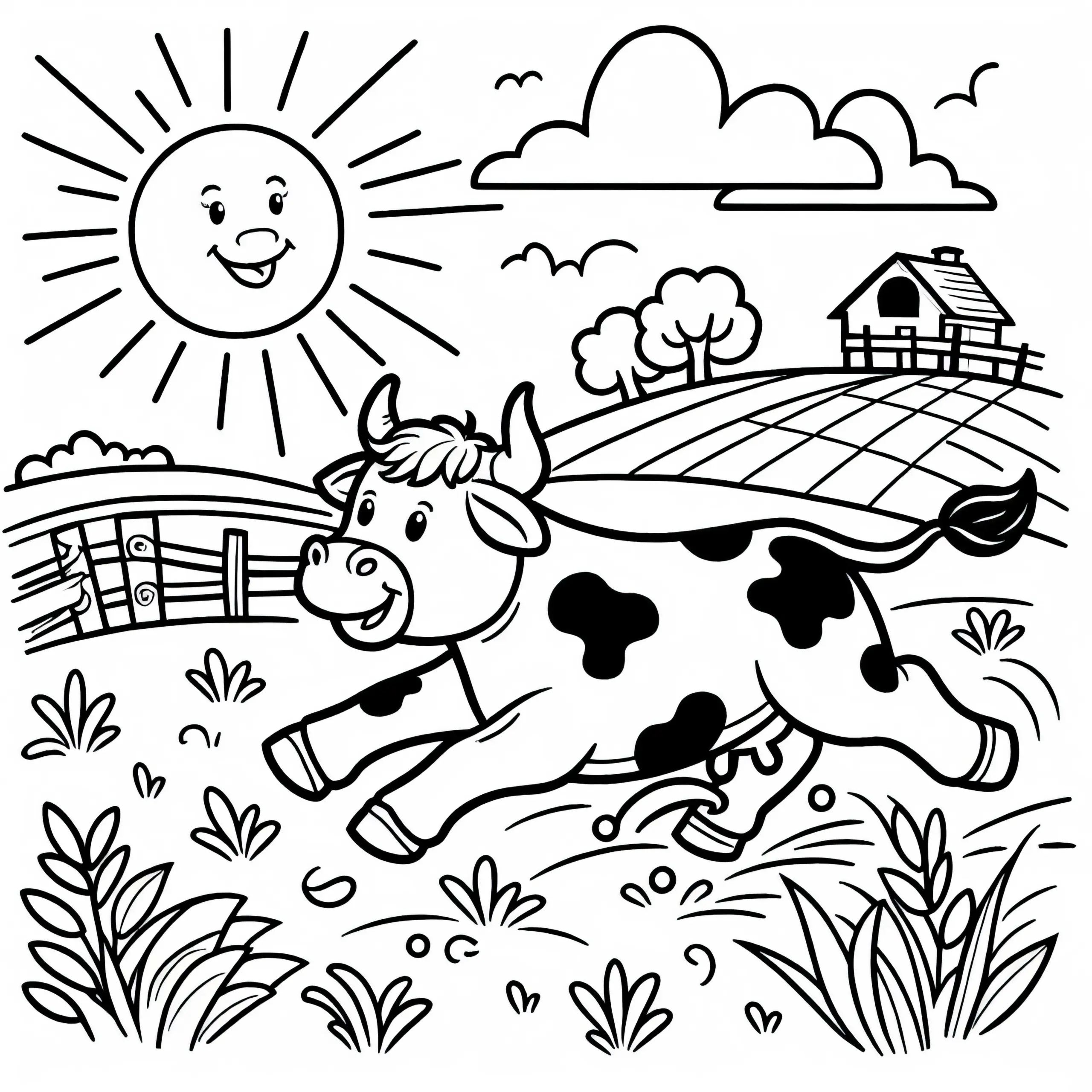 Bulle läuft durch sonniges Feld – Malvorlage gratis (Ausmalbild)