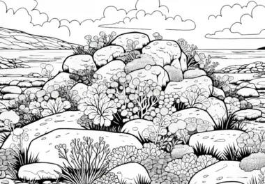 Bunte Flechten und Moose auf Felsen in Tundra – Ausmalbild kostenlos