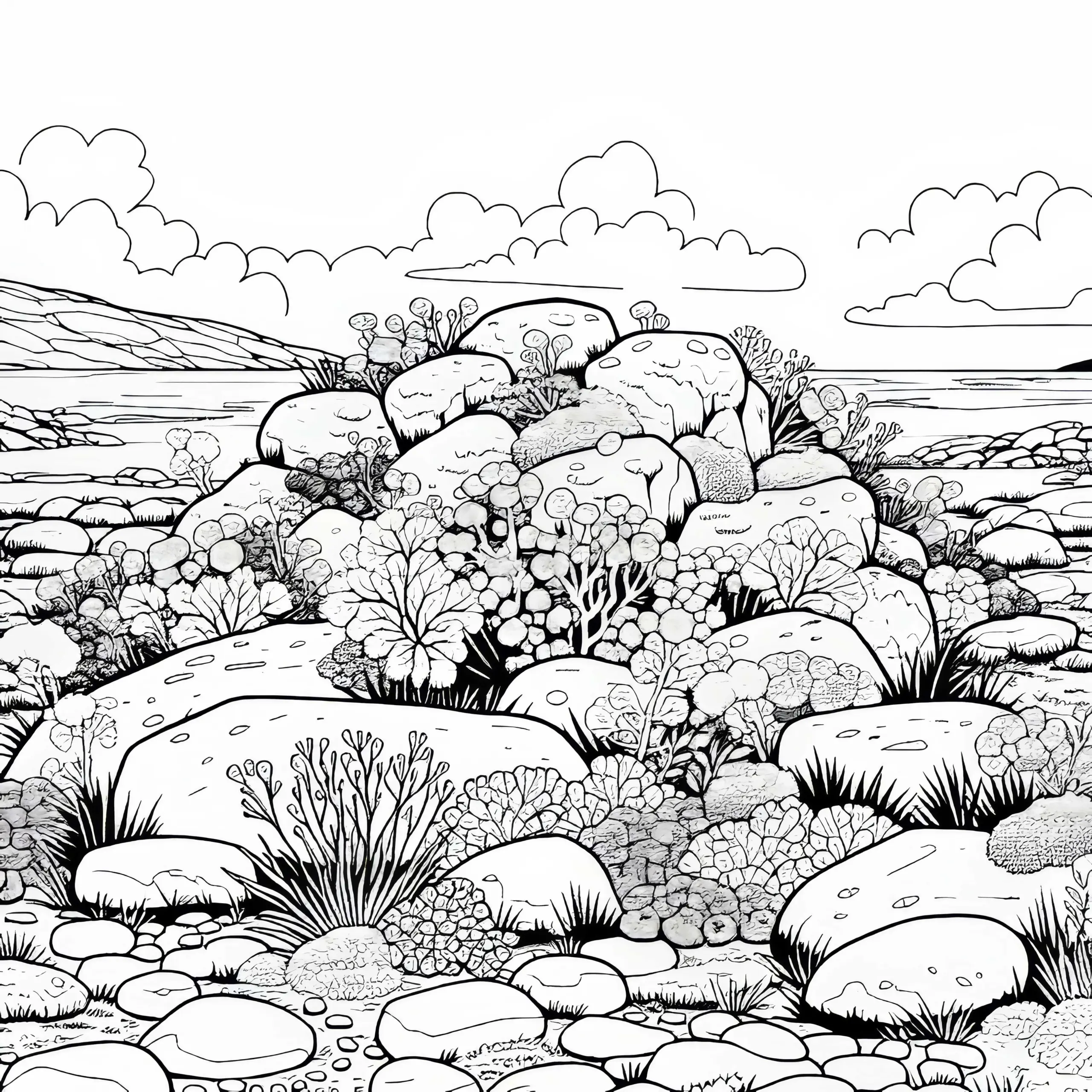 Bunte Flechten und Moose auf Felsen in Tundra – Ausmalbild kostenlos