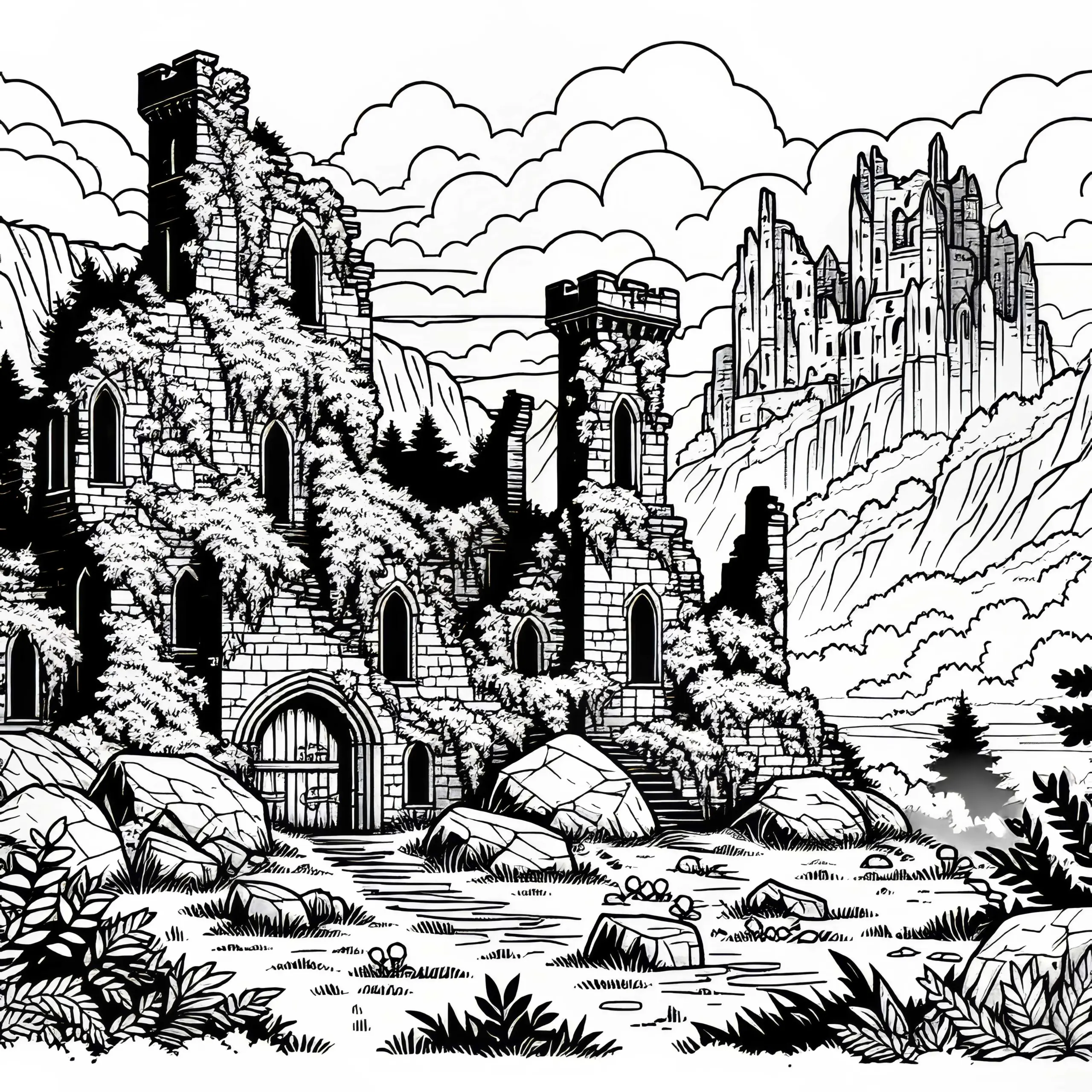 Burgruine mit Moos überwachsen – Ausmalbild kostenlos
