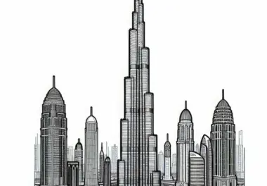 Burj Khalifa in den Vereinigten Arabischen Emiraten mit Stadtpanorama als Ausmalbild aus Asien