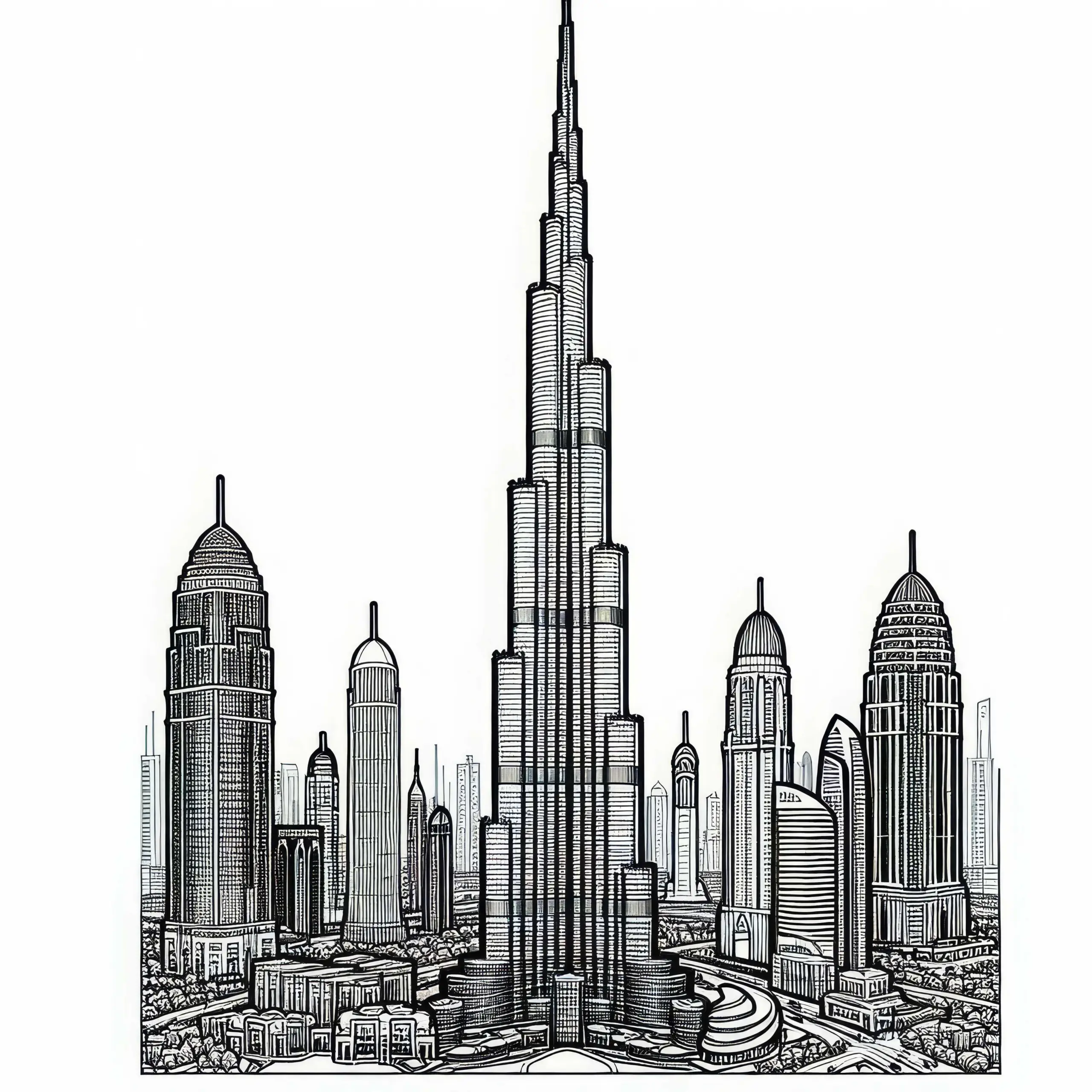 Burj Khalifa in den Vereinigten Arabischen Emiraten mit Stadtpanorama als Ausmalbild aus Asien