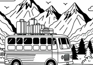 Bus fährt durch Berge mit Koffern auf Dach – Malvorlage kostenlos