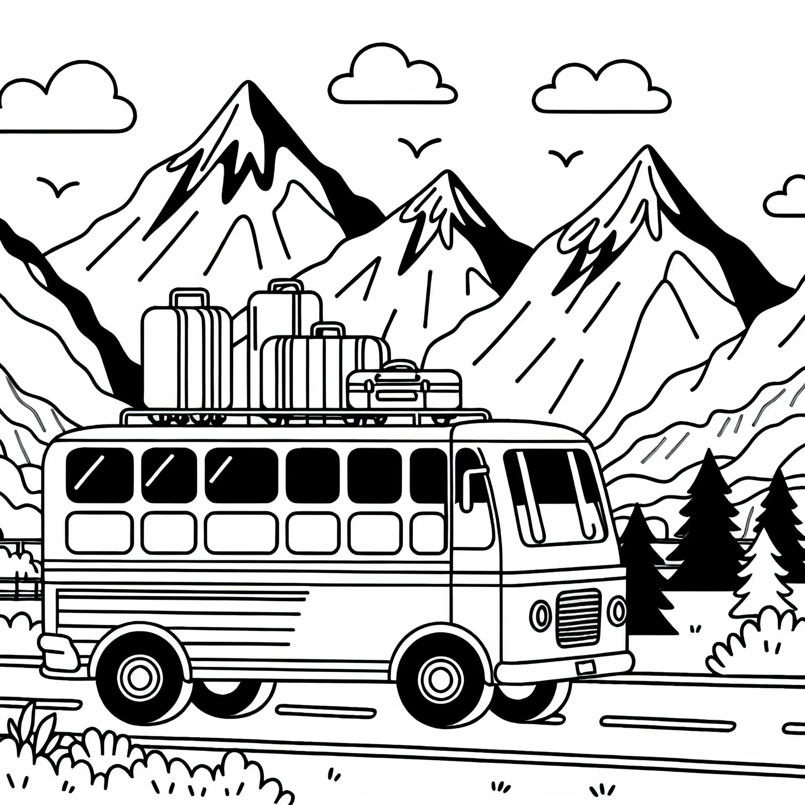 Bus fährt durch Berge mit Koffern auf Dach – Malvorlage kostenlos (Ausmalbild)