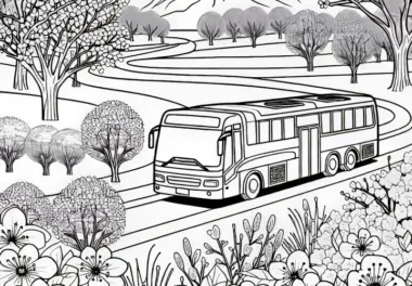 Bus fährt durch Frühlingslandschaft mit blühenden Blumen – Ausmalbild gratis