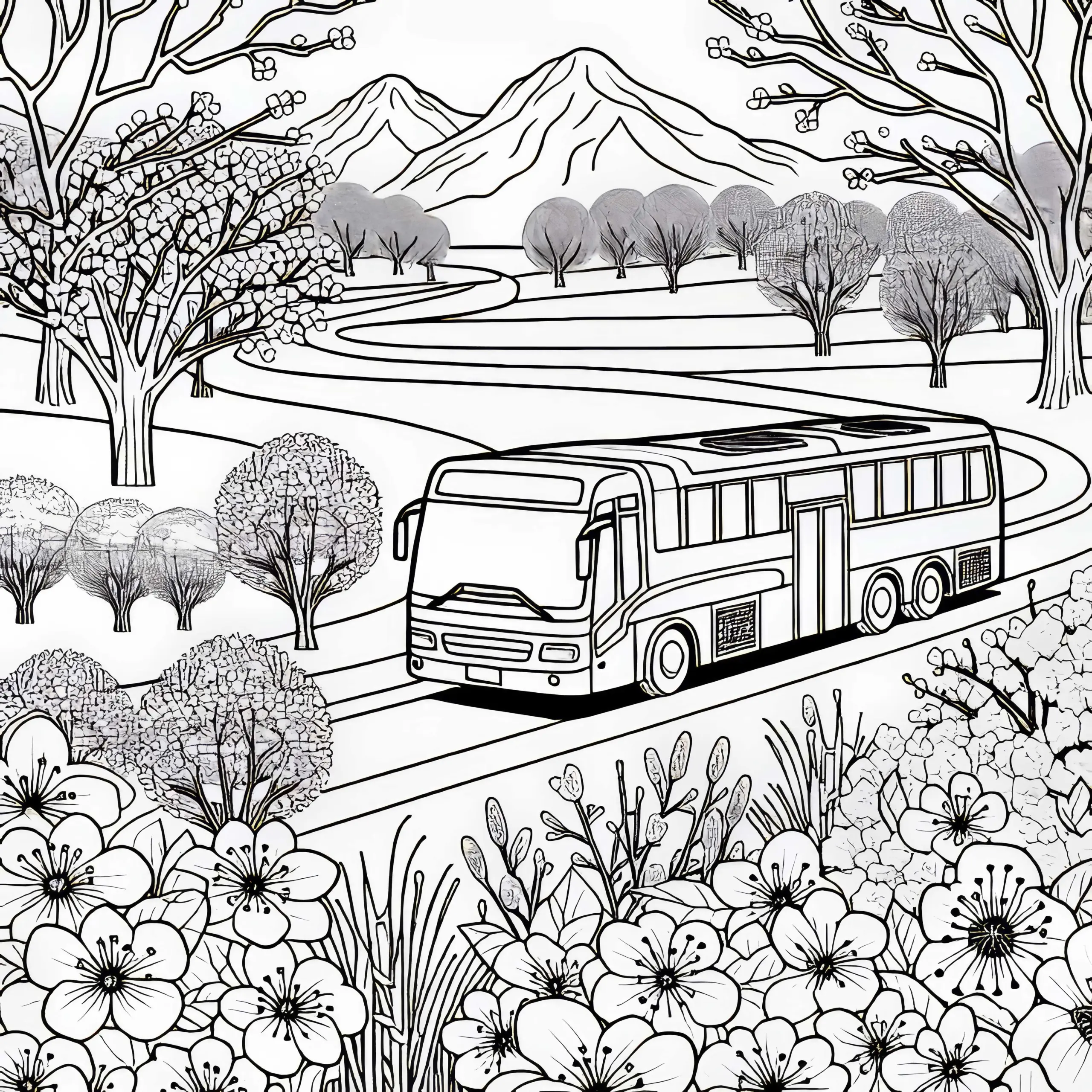 Bus fährt durch Frühlingslandschaft mit blühenden Blumen – Ausmalbild gratis