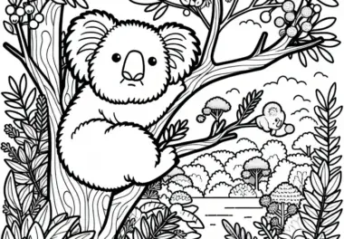 Buschwald mit Koala im Baum: Ausmalbild für Australien und Ozeanien kostenlos
