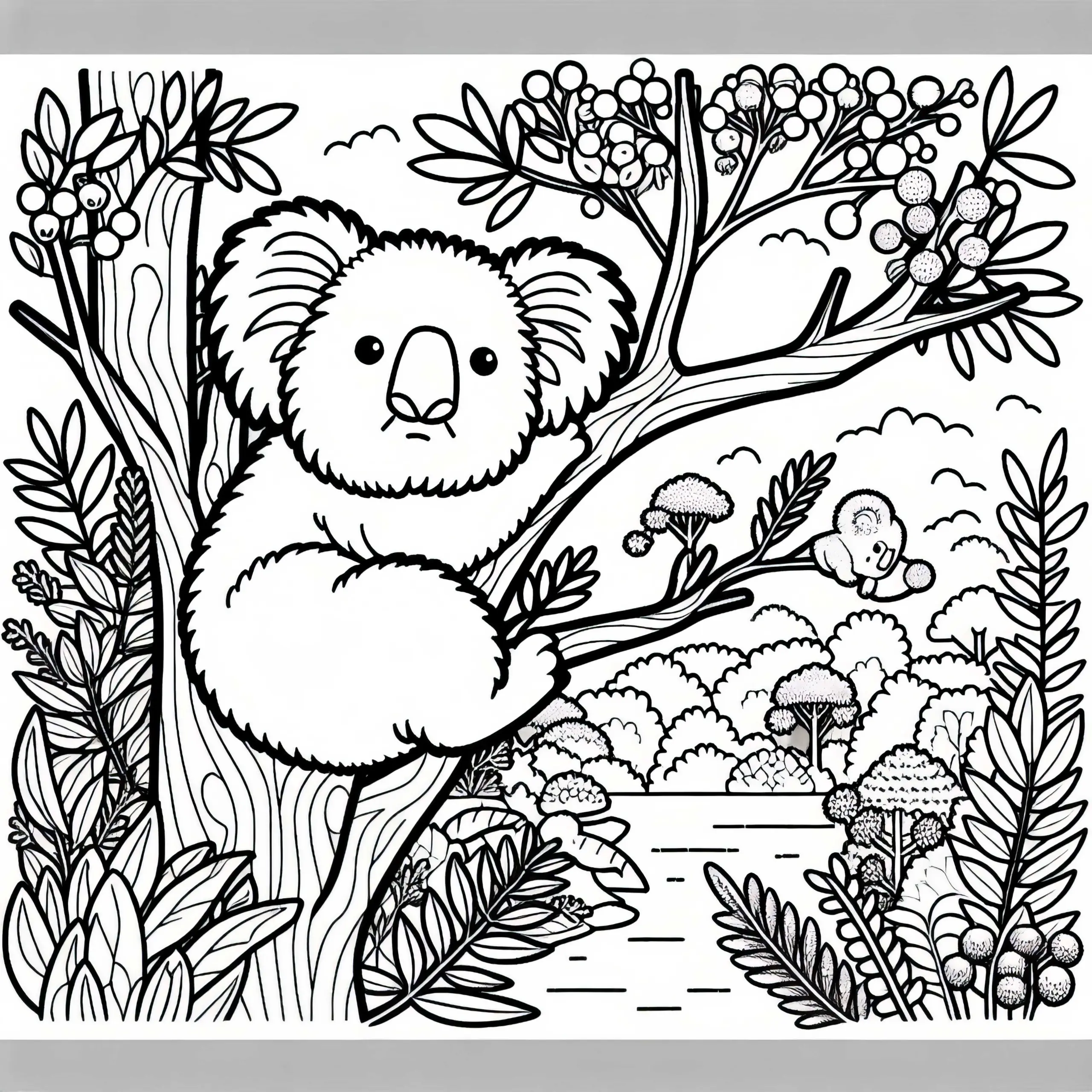 Buschwald mit Koala im Baum: Ausmalbild für Australien und Ozeanien kostenlos