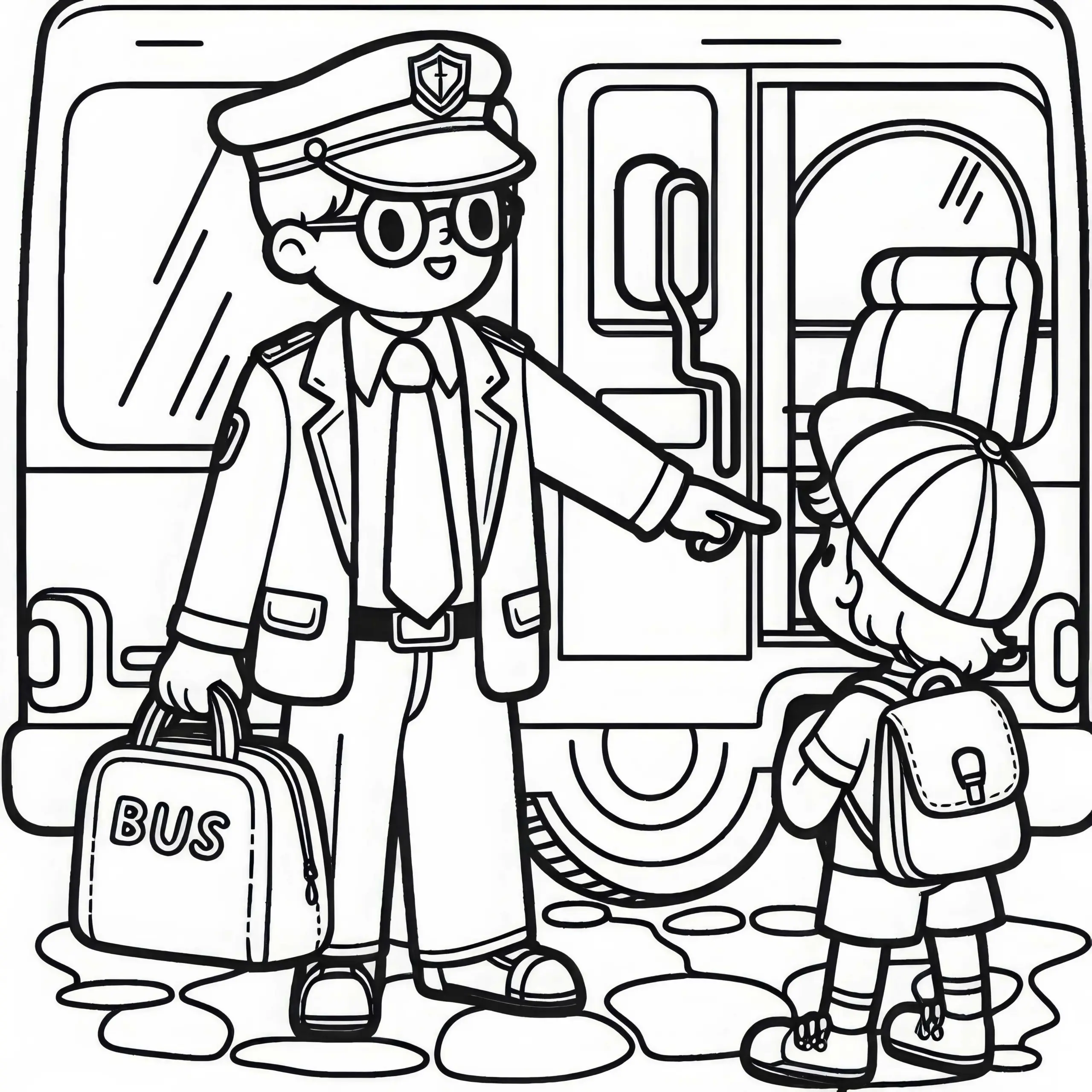 Busfahrer gibt Kind beim Einsteigen Anweisungen – Ausmalbild kostenlos