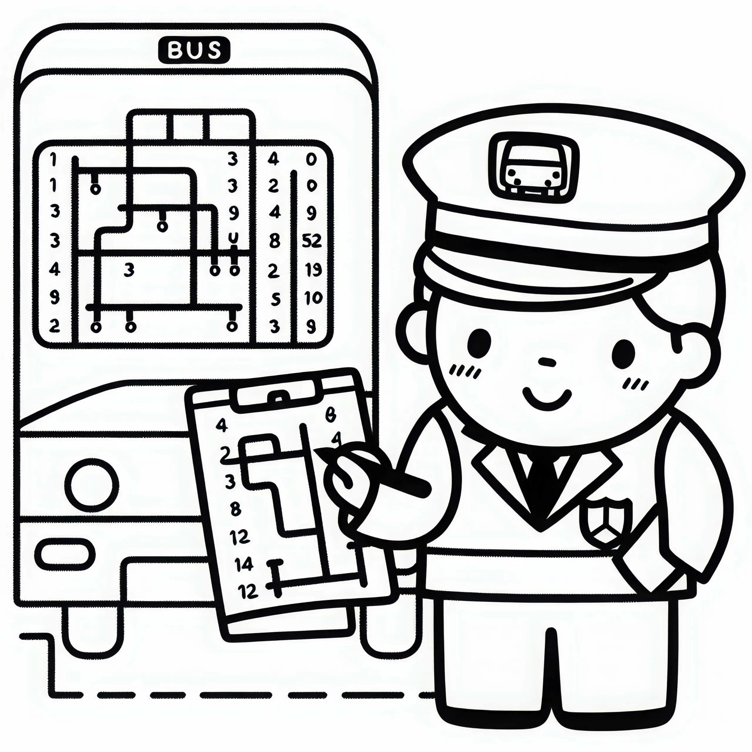 Busfahrer überprüft Fahrplan – Ausmalbild einfach und gratis