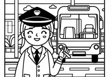 Busfahrerin an Haltestelle – Ausmalbild einfach gratis