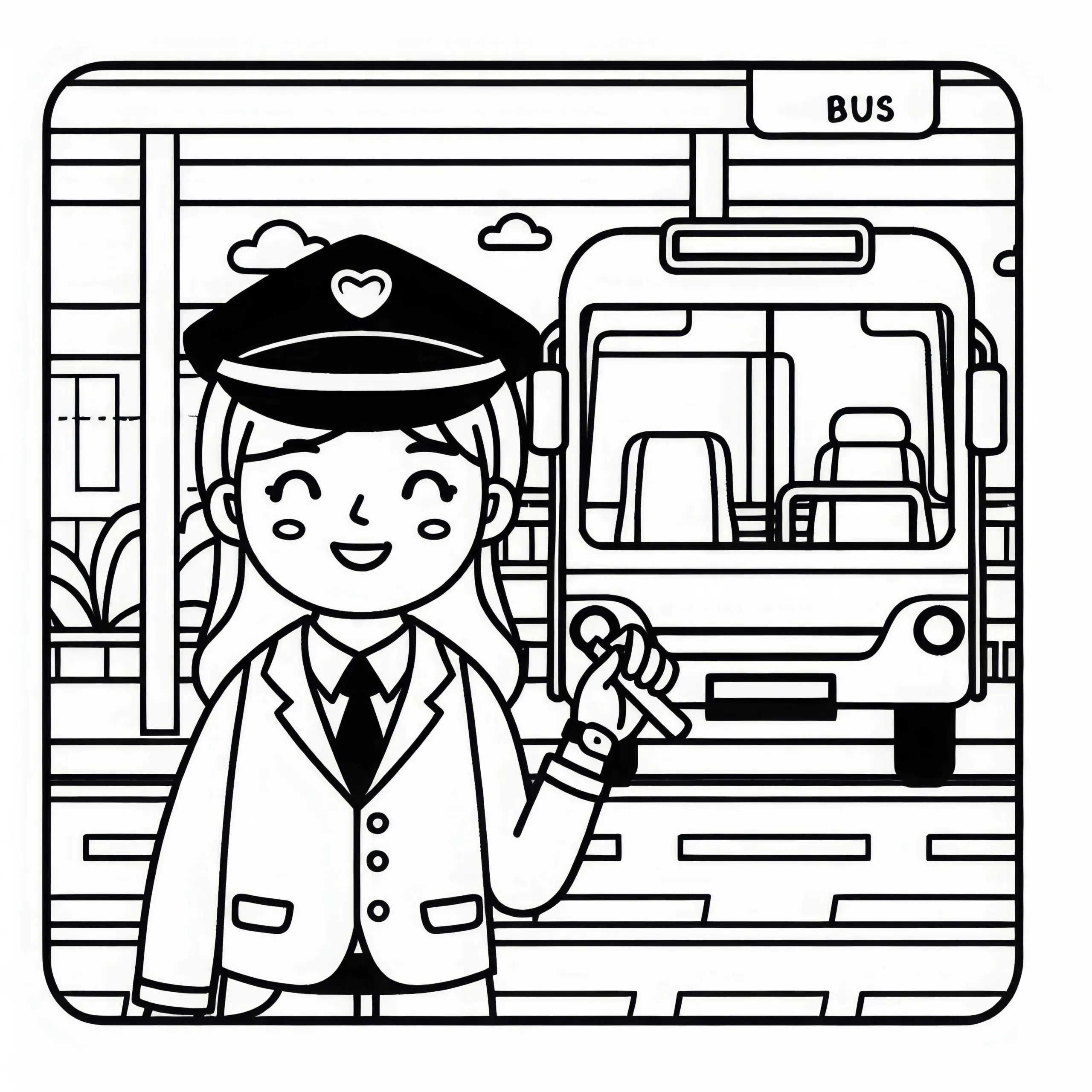 Busfahrerin an Haltestelle – Ausmalbild einfach gratis
