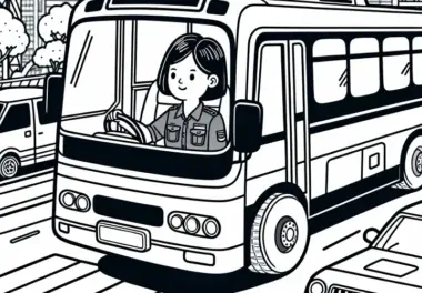 Busfahrerin fährt durch Stadt bei starkem Verkehr – Ausmalbild kostenlos