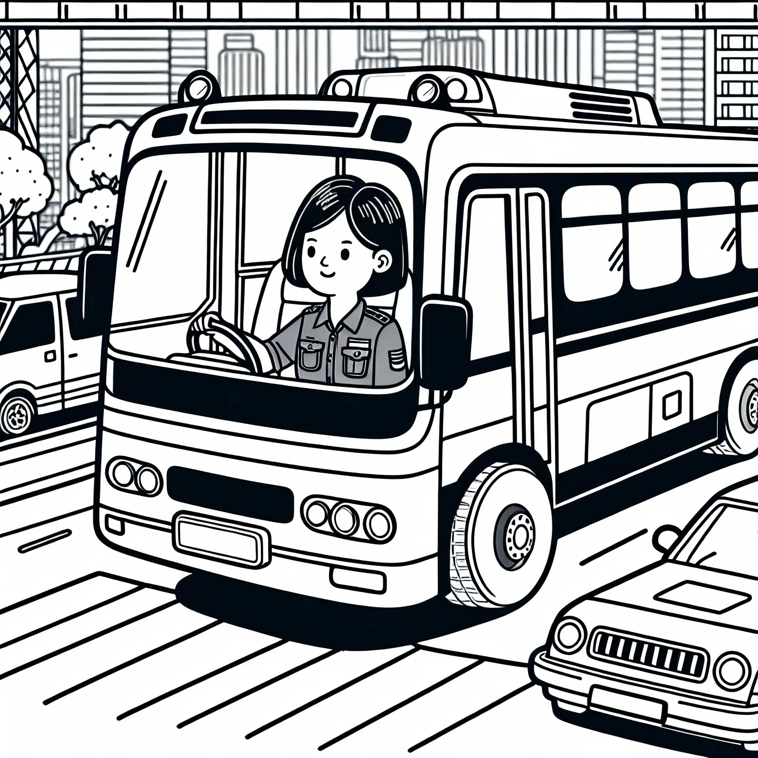 Busfahrerin fährt durch Stadt bei starkem Verkehr – Ausmalbild kostenlos