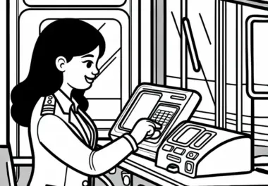 Busfahrerin kontrolliert Ticketentwerter im Bus – Ausmalbild gratis