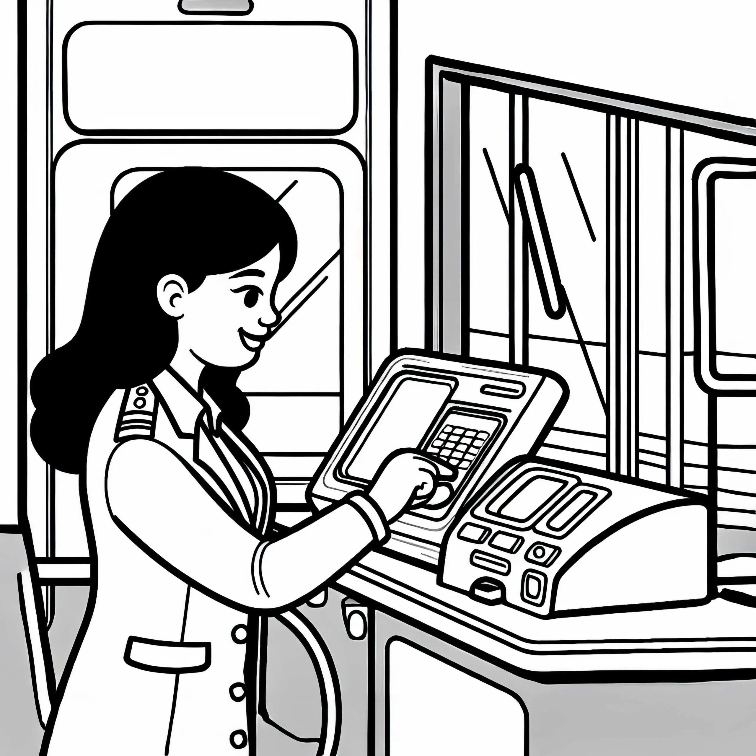 Busfahrerin kontrolliert Ticketentwerter im Bus – Ausmalbild gratis