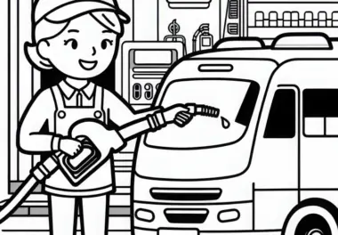 Busfahrerin tankt – Ausmalbild kostenlos