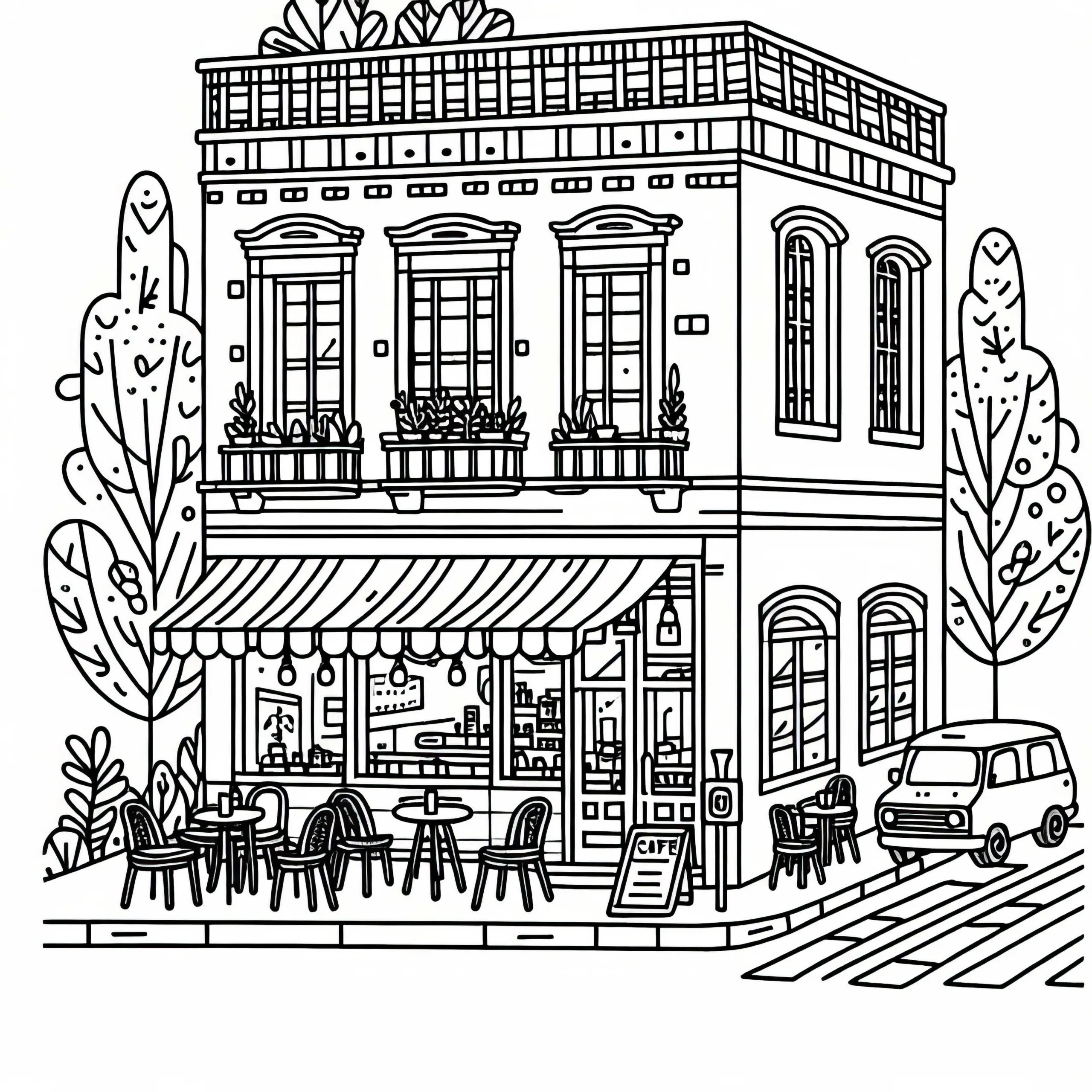 Café von außen Malvorlage gratis (Ausmalbild)