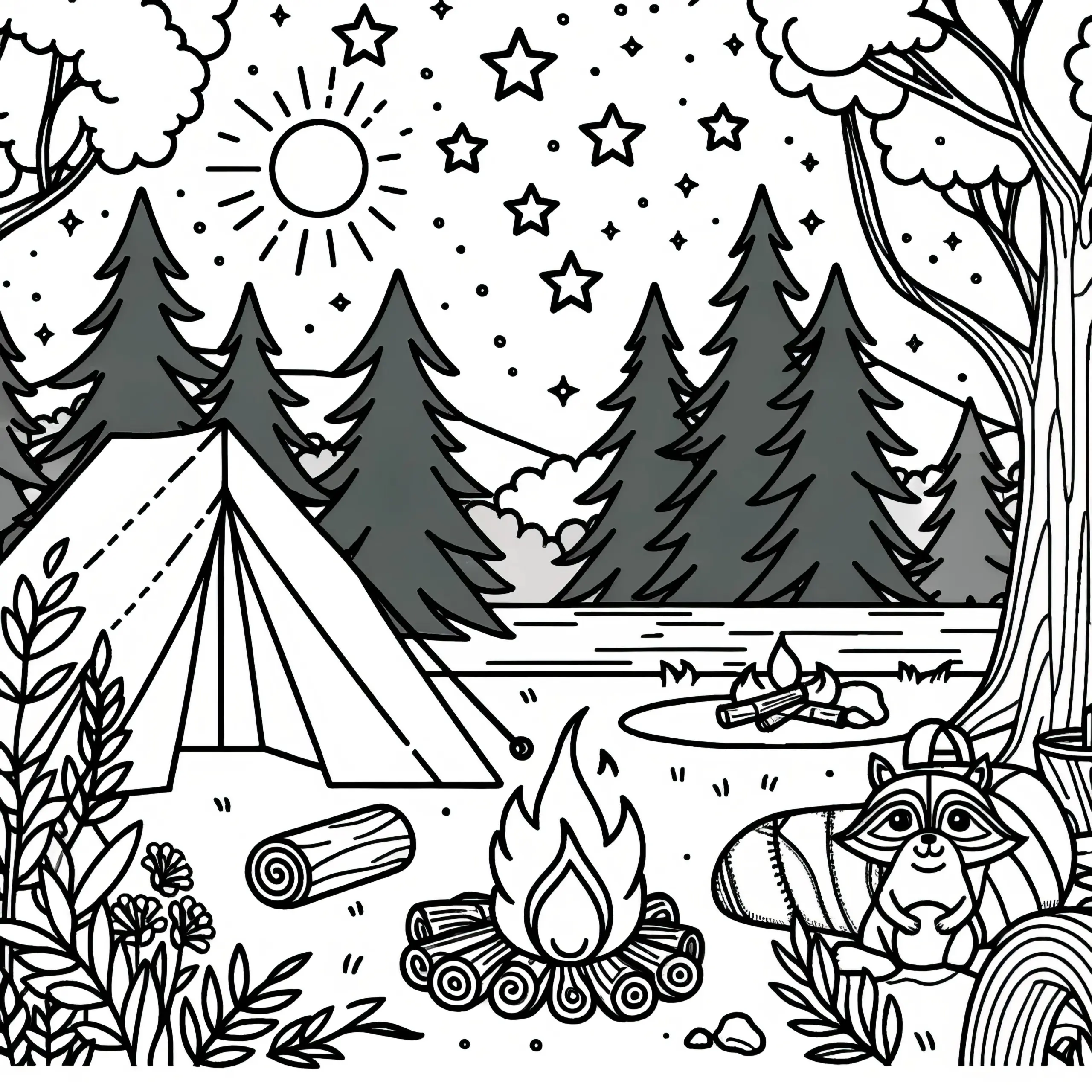 Camping im Wald mit Lagerfeuer: Malvorlage (Kostenlos) (Ausmalbild)