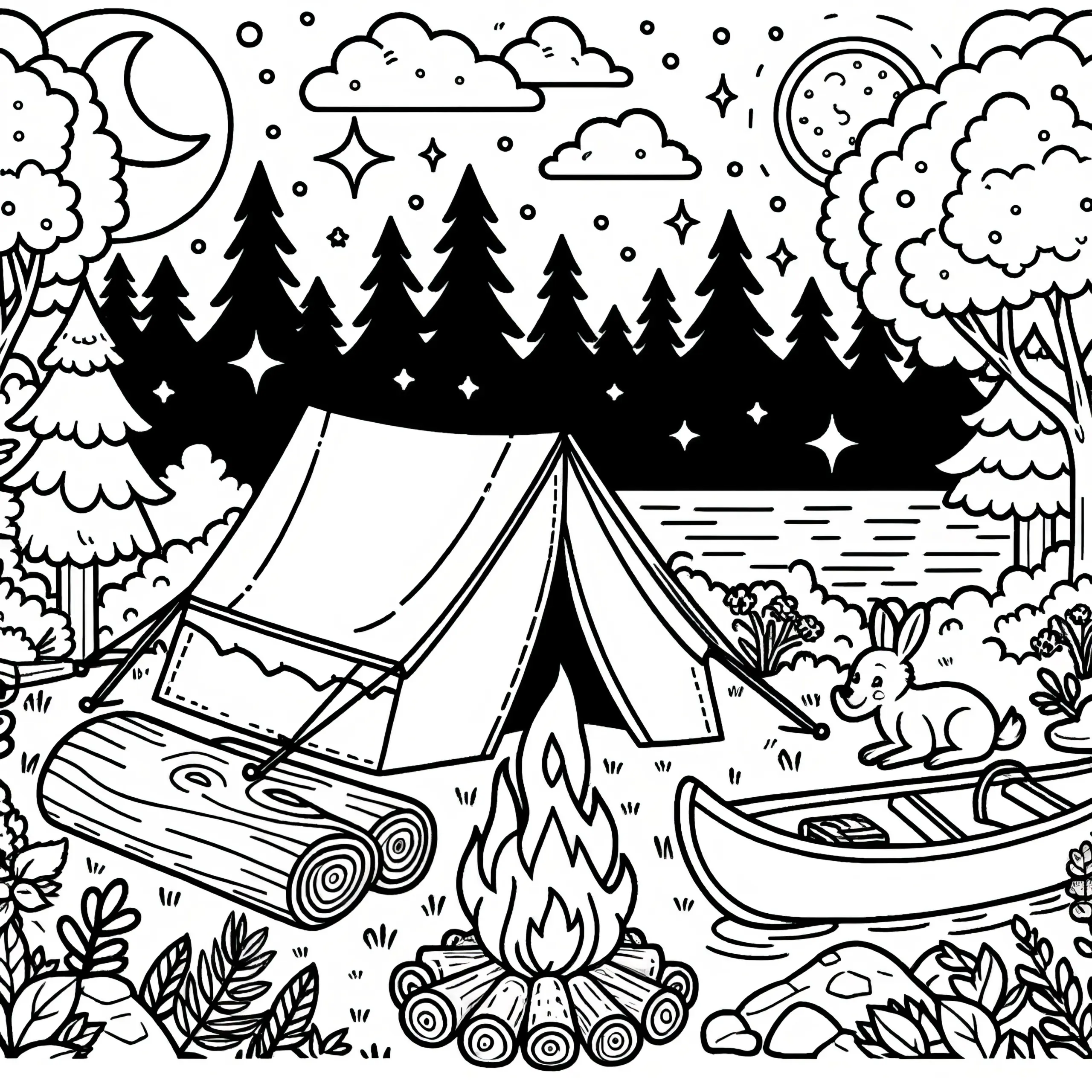 Camping mit Zelt, Lagerfeuer und Boot unterm Nachthimmel: Ausmalbild kostenlos