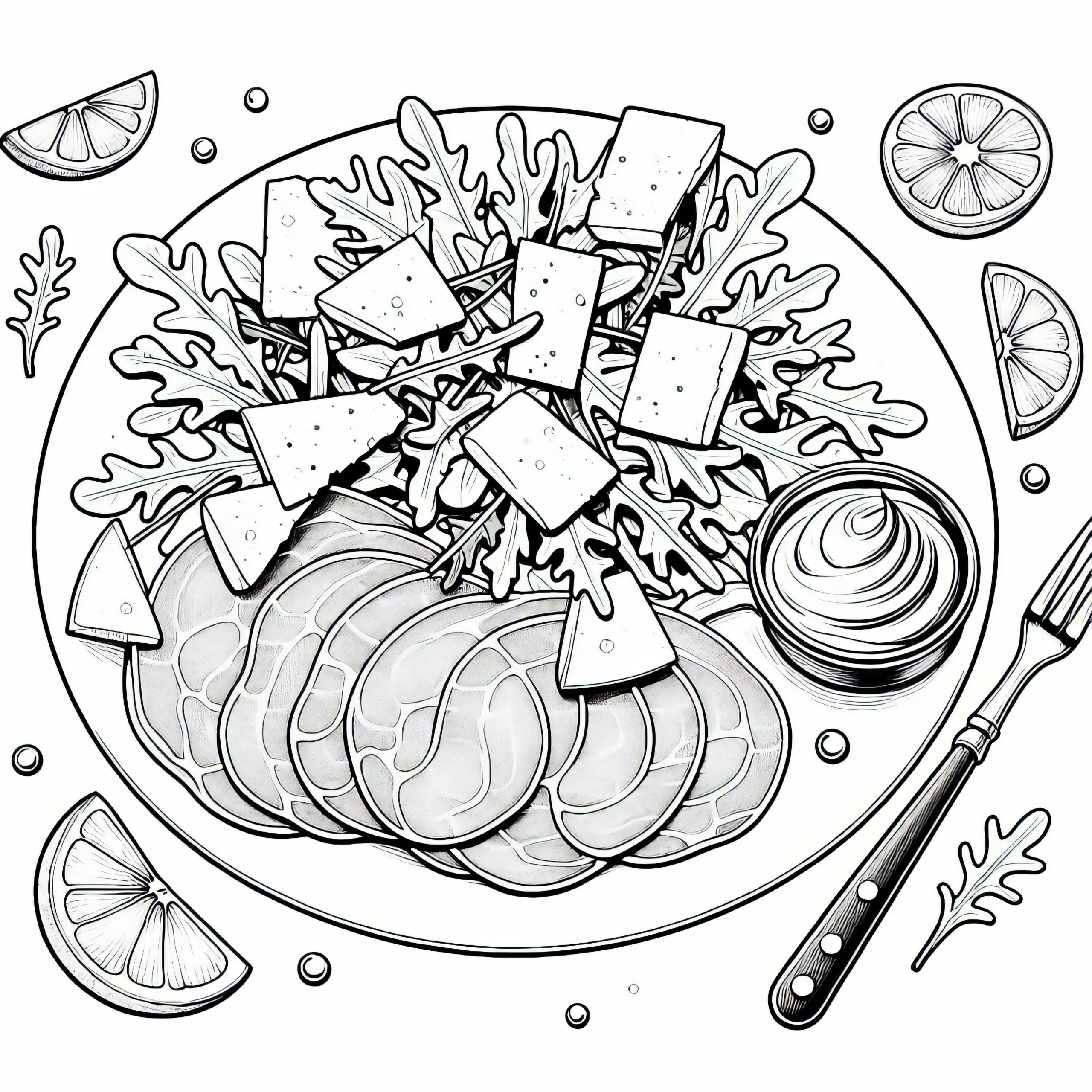 Ausmalbild einer leckeren Carpaccio Vorspeise kostenlos