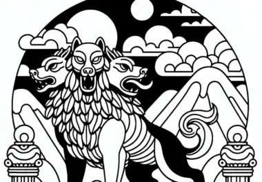 Cerberus bewacht den Eingang zur Unterwelt mit allen drei Köpfen – Malvorlage kostenlos