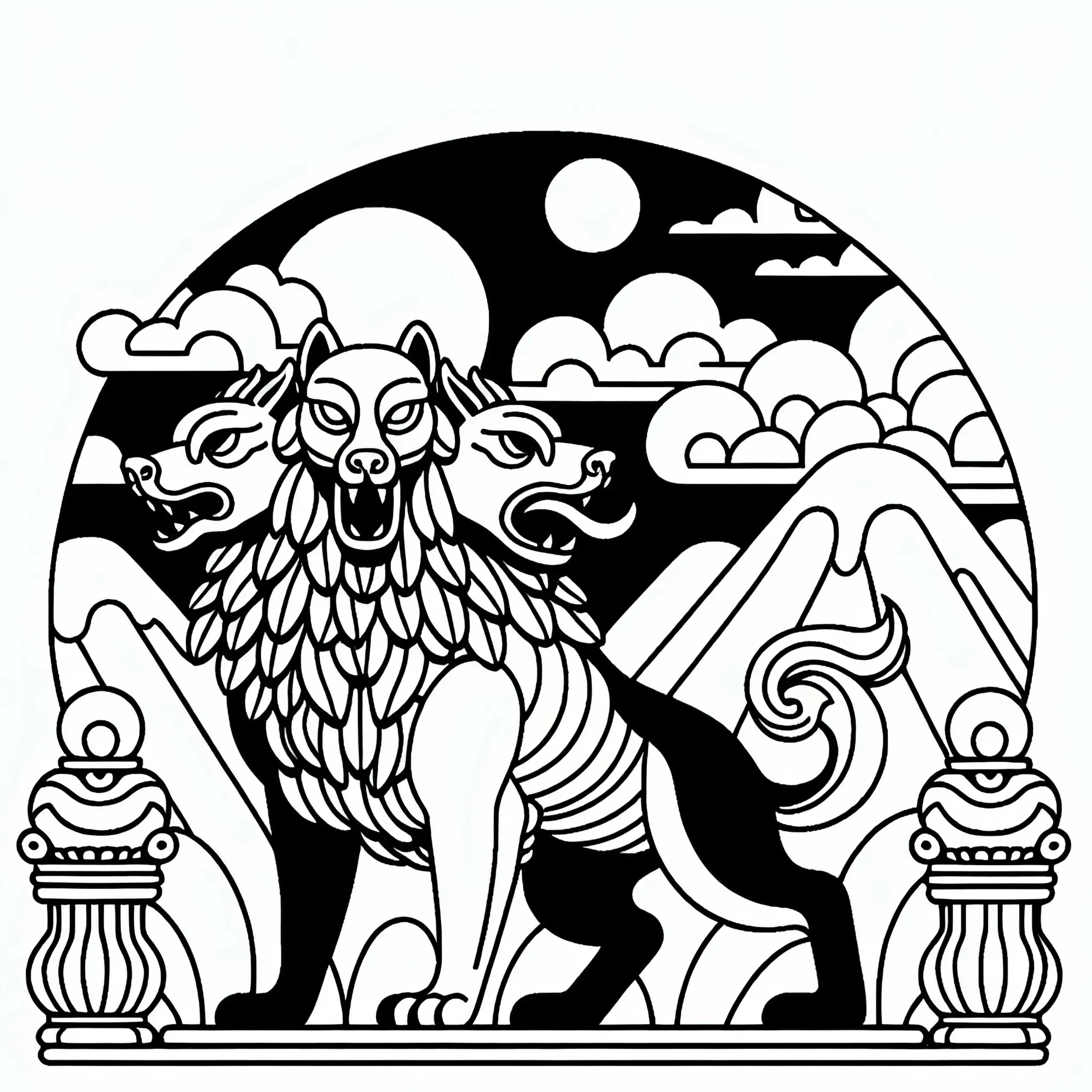 Cerberus bewacht den Eingang zur Unterwelt mit allen drei Köpfen – Malvorlage kostenlos (Ausmalbild)
