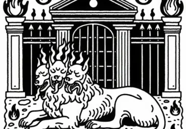 Cerberus der Höllenhund mit drei Köpfen schläft vor großem Tor – Malvorlage kostenlos
