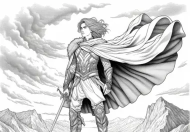 Charakter in einer Fantasy-Uniform auf Felsen – Ausmalbild für Mädchen ab zwölf kostenlos