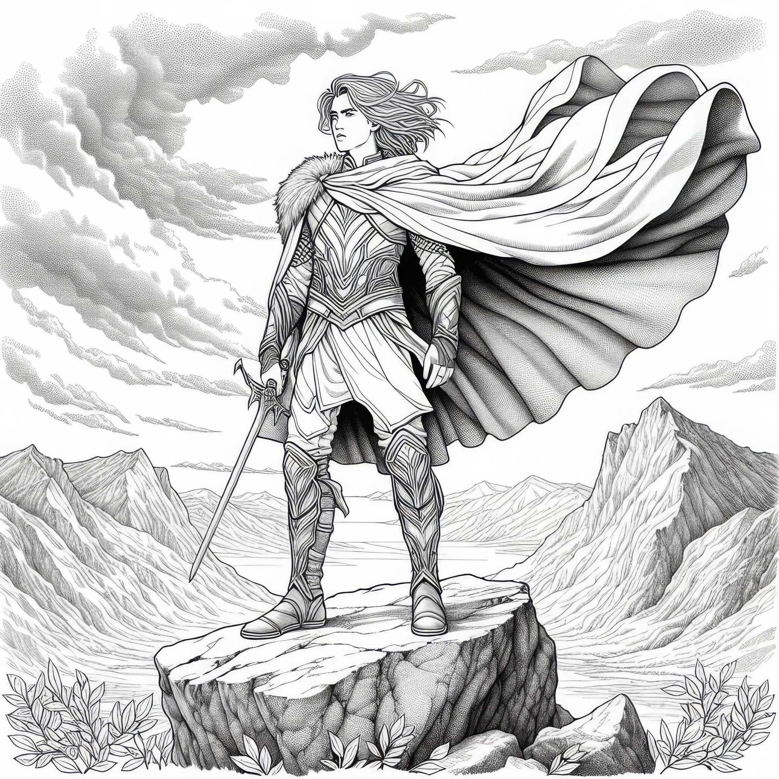 Charakter in einer Fantasy-Uniform auf Felsen – Ausmalbild für Mädchen ab zwölf kostenlos