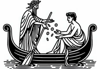 Charon nimmt Münzen von einer Seele – Malvorlage kostenlos