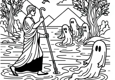 Charon überquert den Fluss Styx während Geister ihn beobachten – Ausmalbild kostenlos