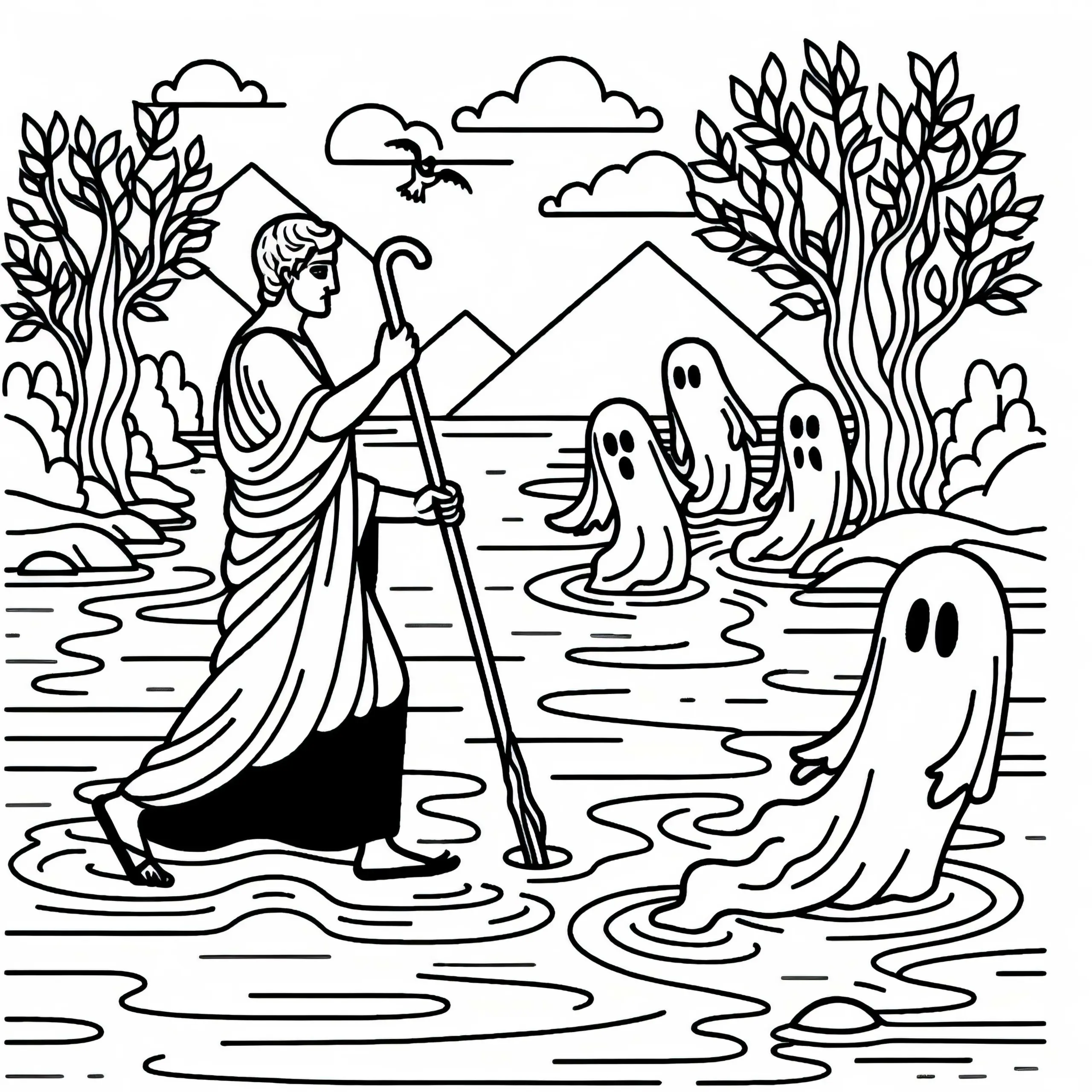 Charon überquert den Fluss Styx während Geister ihn beobachten – Ausmalbild kostenlos