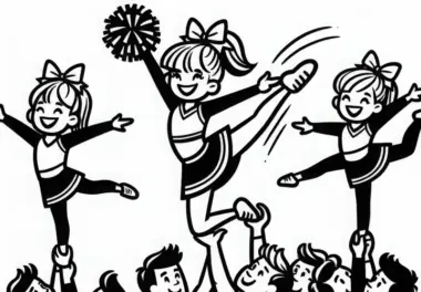 Cheerleader führen akrobatische Hebefigur – Ausmalbild kostenlos