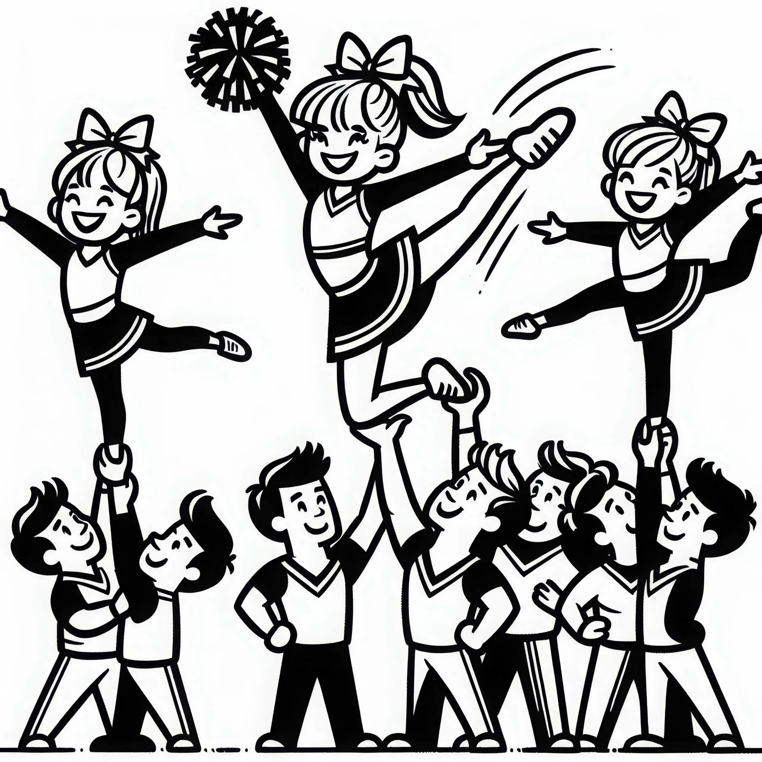 Cheerleader führen akrobatische Hebefigur – Ausmalbild kostenlos