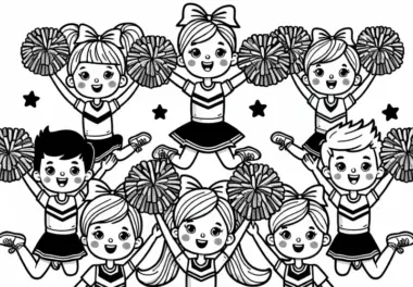 Cheerleading-Team springt synchron in die Luft – Malvorlage kostenlos