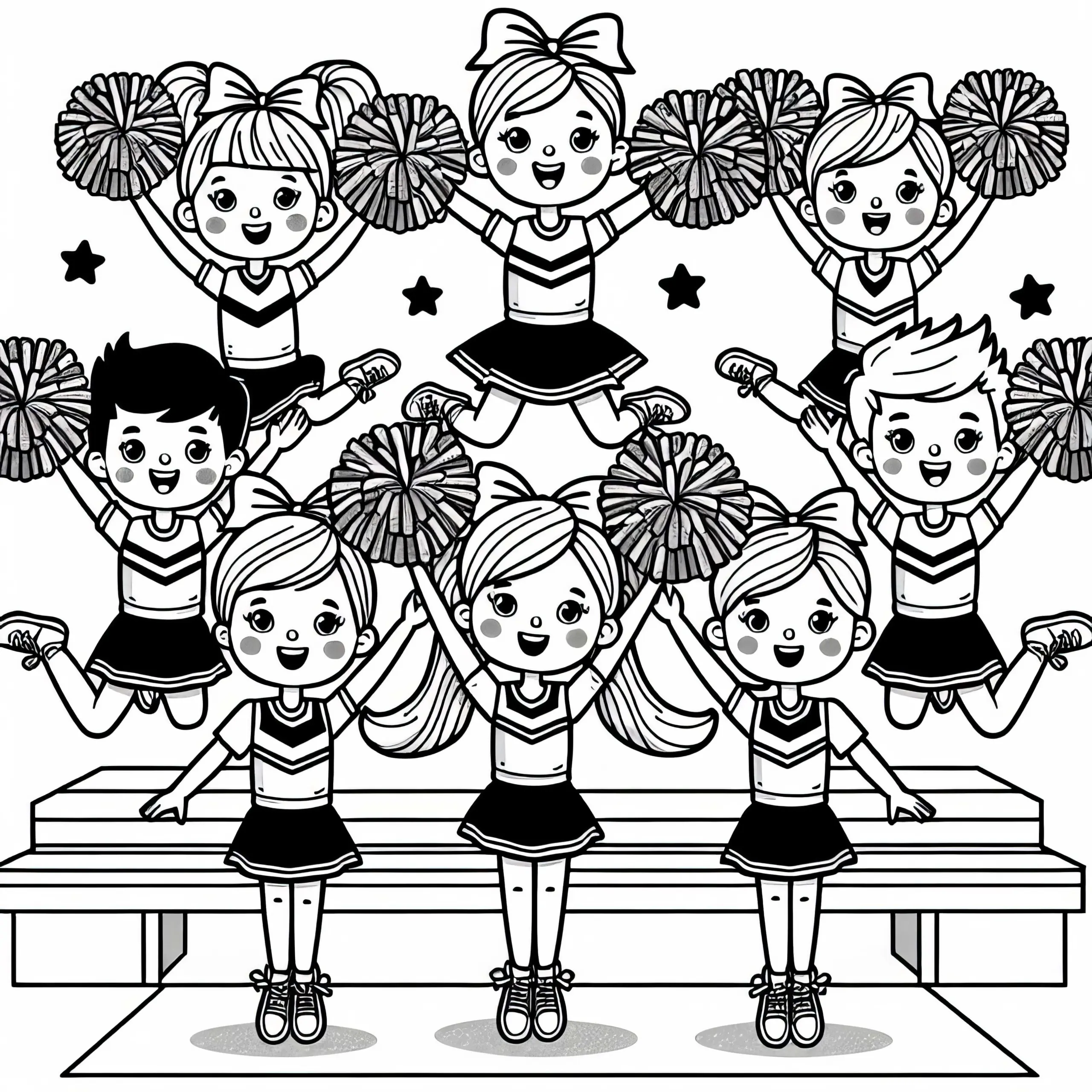 Cheerleading-Team springt synchron in die Luft – Malvorlage kostenlos (Ausmalbild)