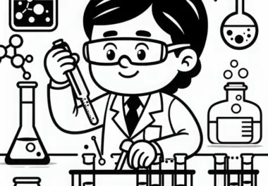 Chemiker arbeitet mit Reagenzgläsern an chemischer Reaktion – Malvorlage kostenlos
