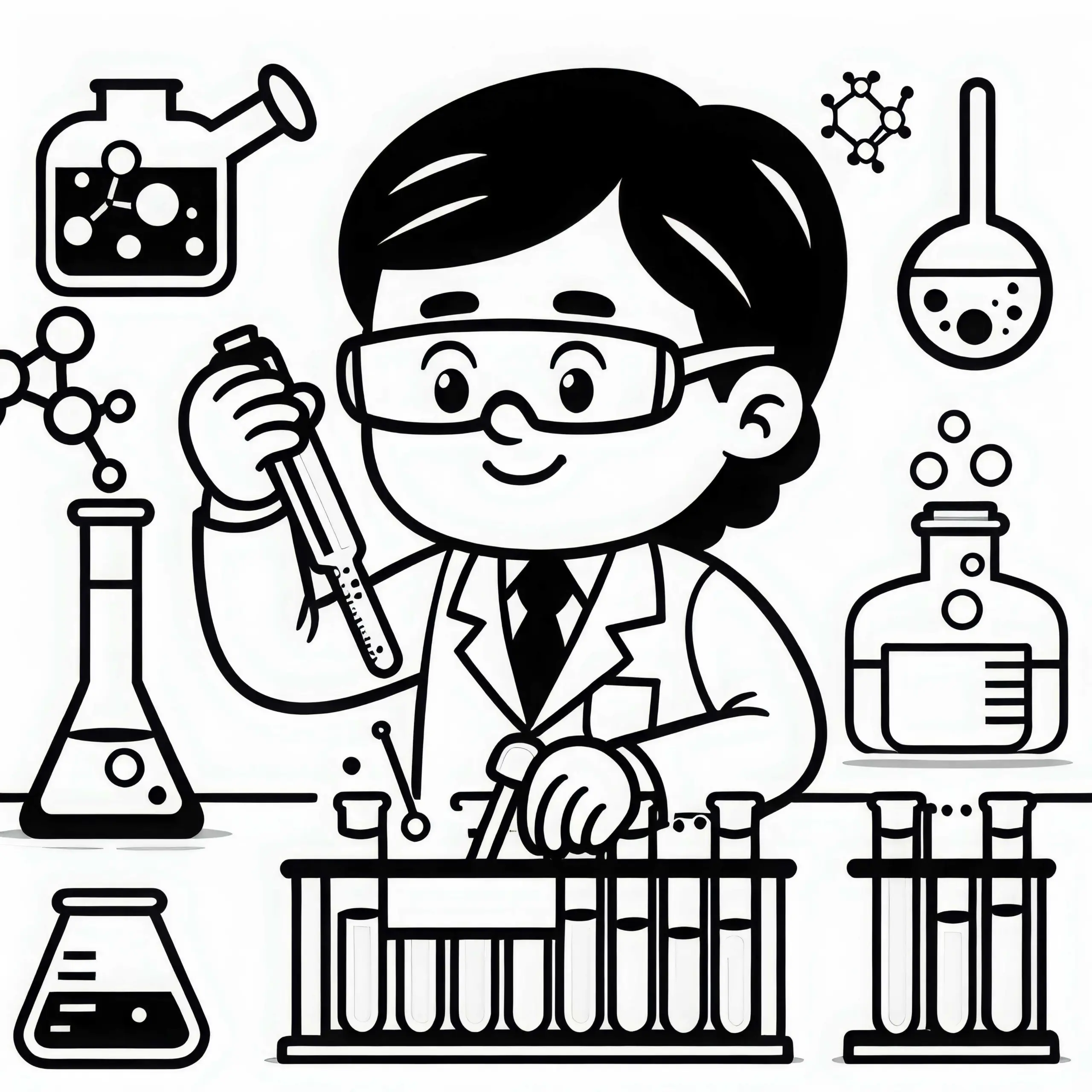 Chemiker arbeitet mit Reagenzgläsern an chemischer Reaktion – Malvorlage kostenlos (Ausmalbild)