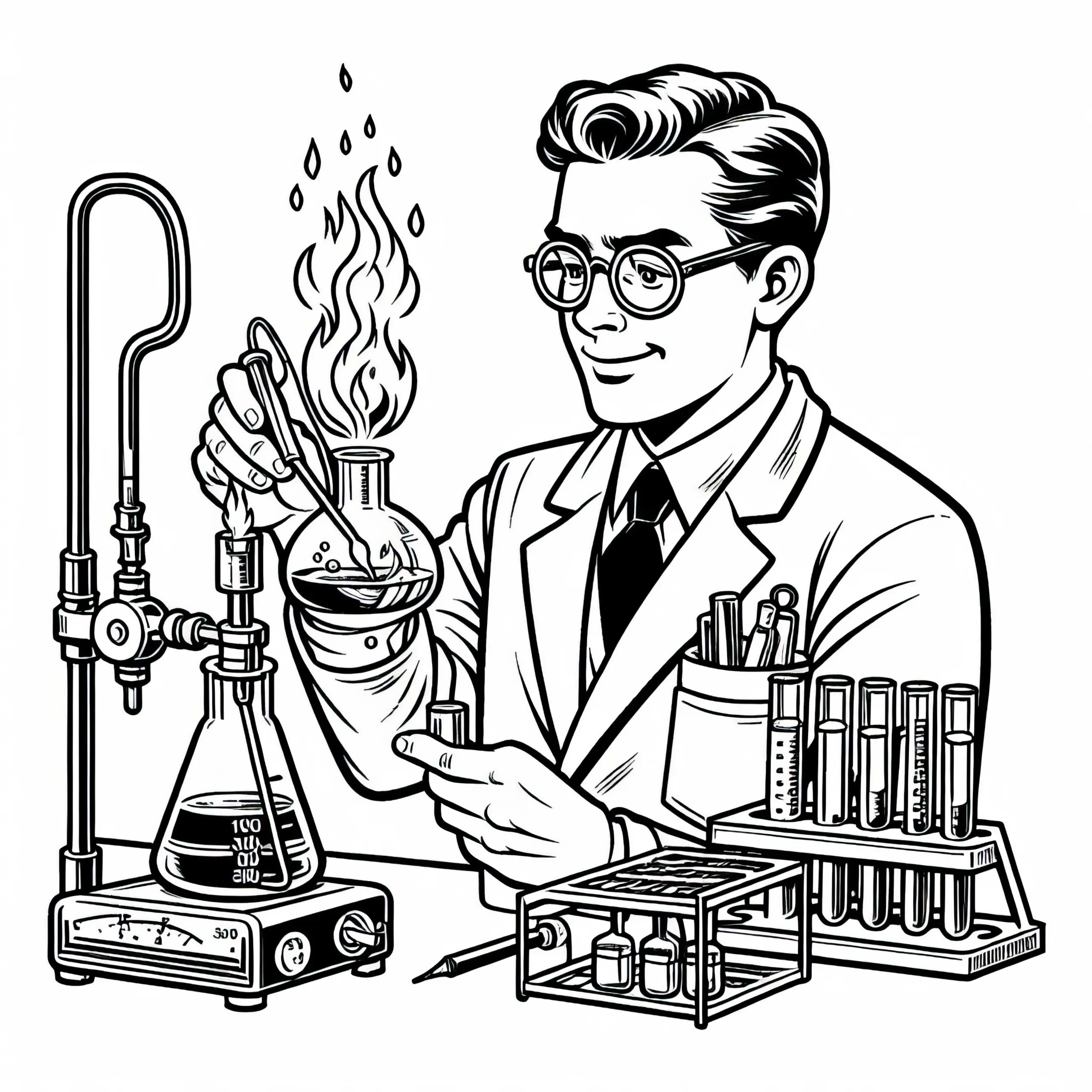 Chemiker führt Experiment mit Bunsenbrenner durch – Ausmalbild kostenlos