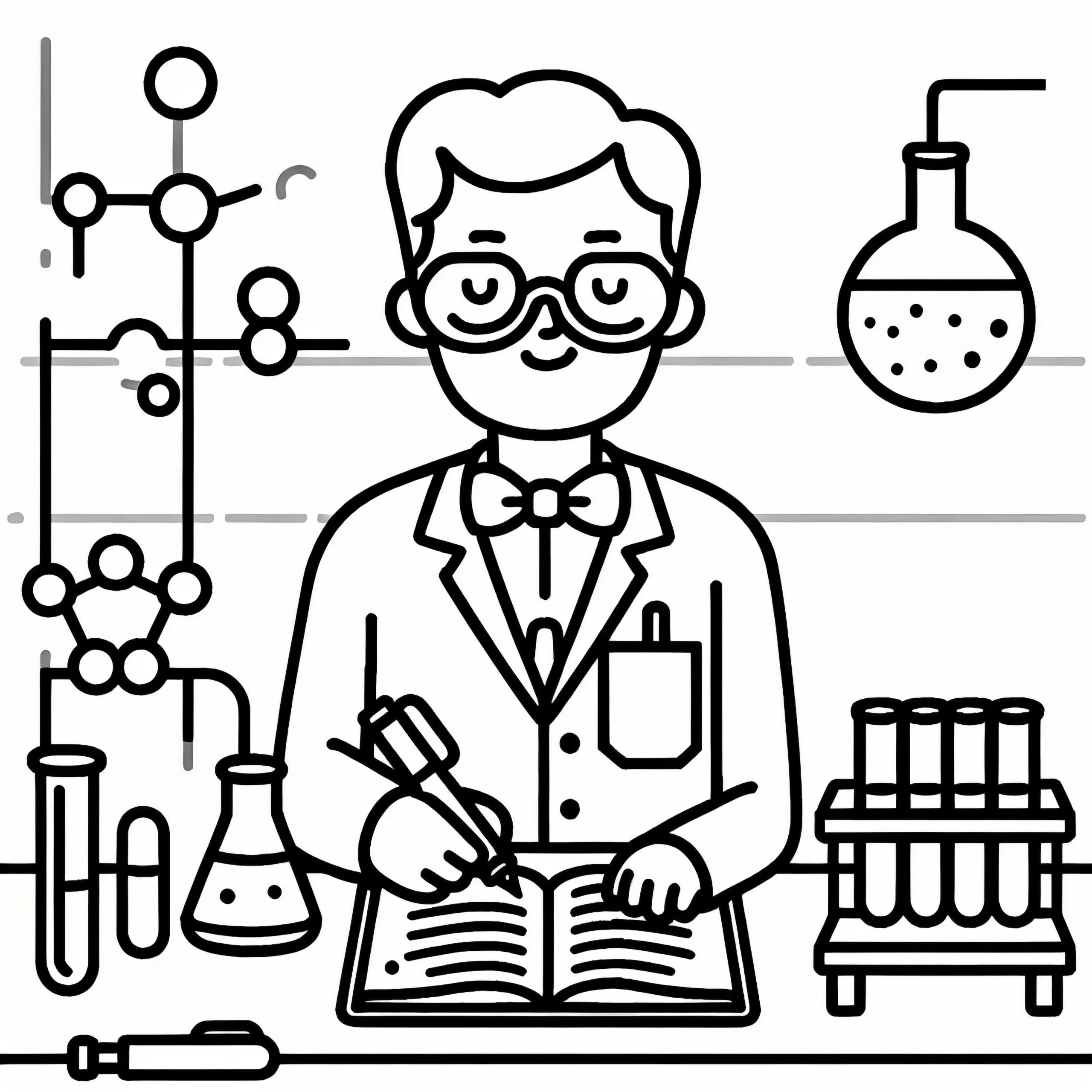 Chemiker notiert Ergebnisse im Laborjournal – Malvorlage gratis (Ausmalbild)
