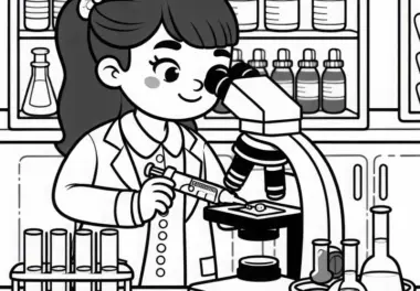 Chemikerin analysiert Proben unter Mikroskop – Ausmalbild kostenlos