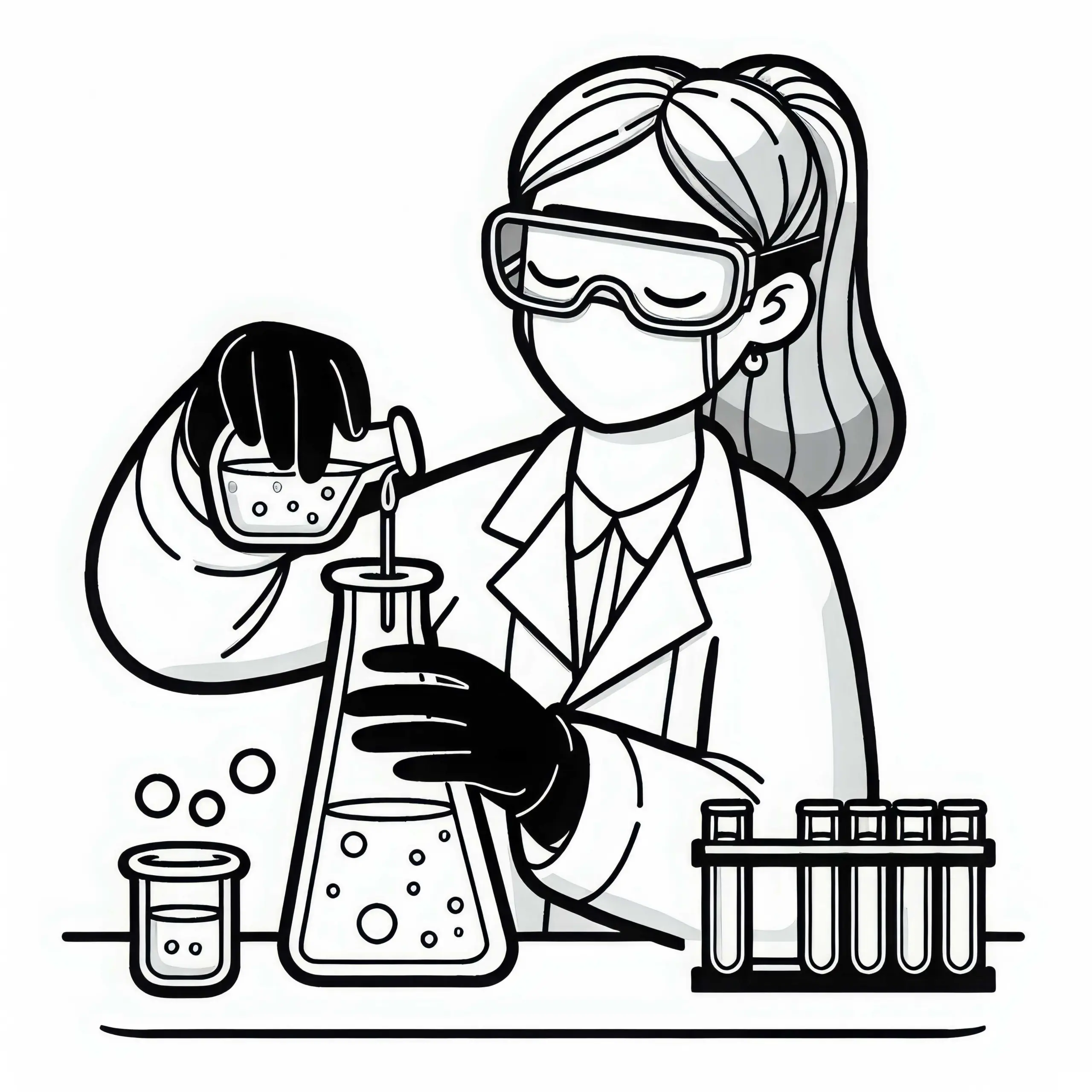 Chemikerin neutralisiert Säure mit Base – Ausmalbild kostenlos downloaden