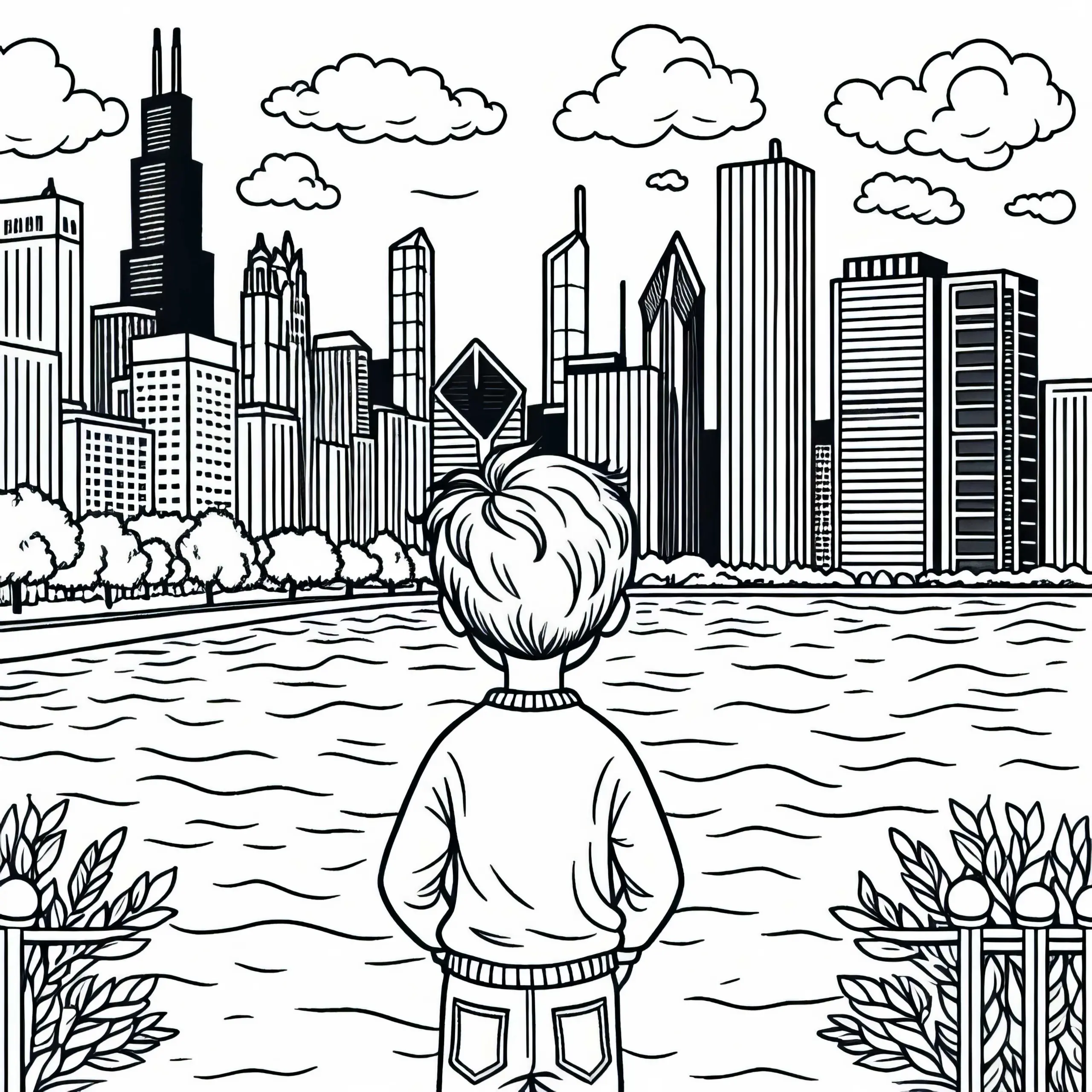 Junge betrachtet die Skyline von Chicago am Flussufer – Ausmalvorlage Gratis (Ausmalbild)