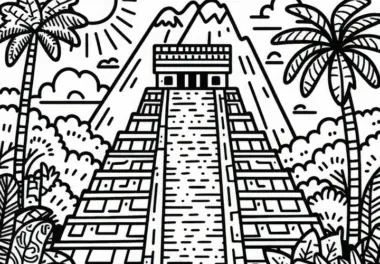 Chichen Itza in Mexiko mit Pyramide und Dschungel – Malvorlage Nordamerika gratis