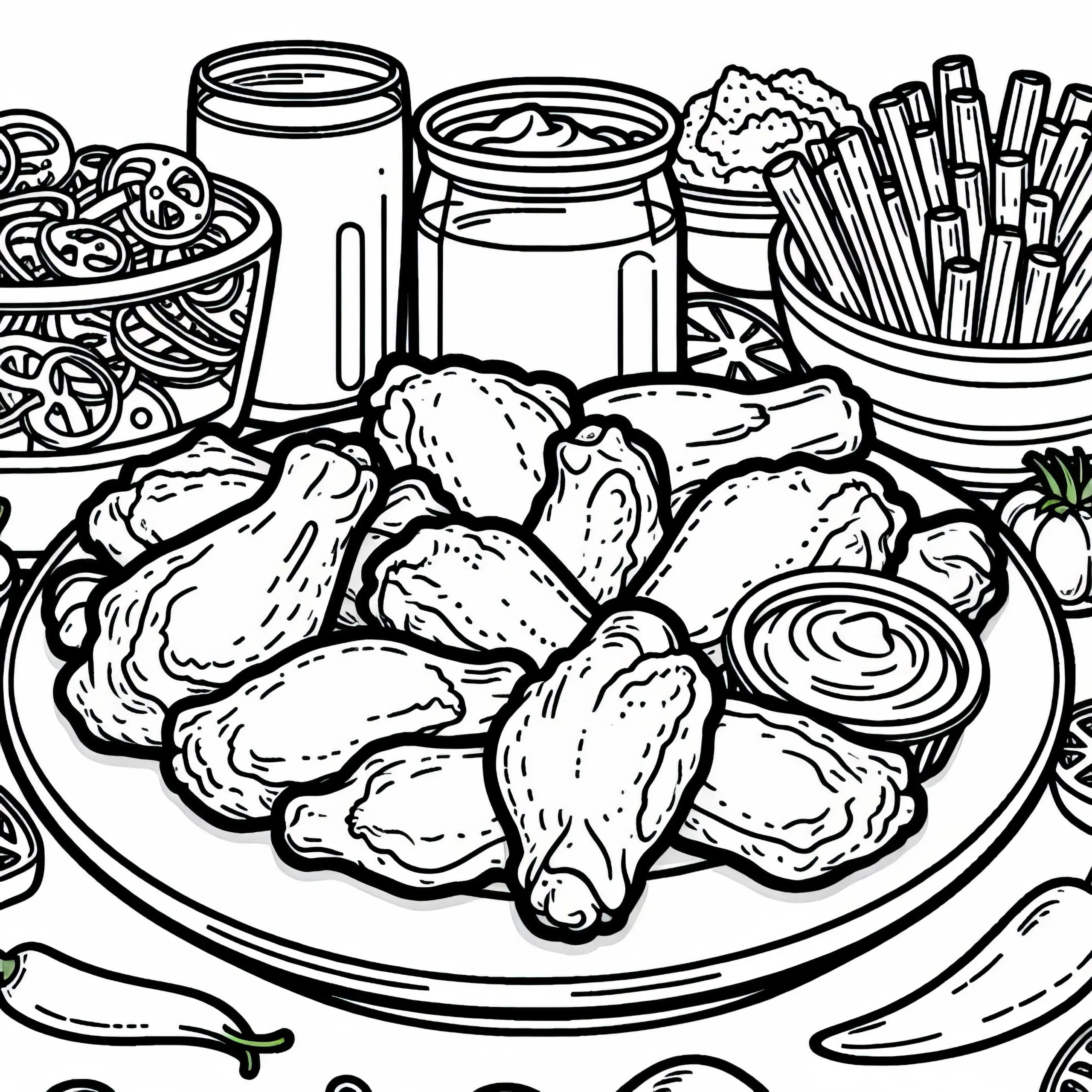 Chicken Wings als Hauptgericht – Malvorlage gratis (Ausmalbild)