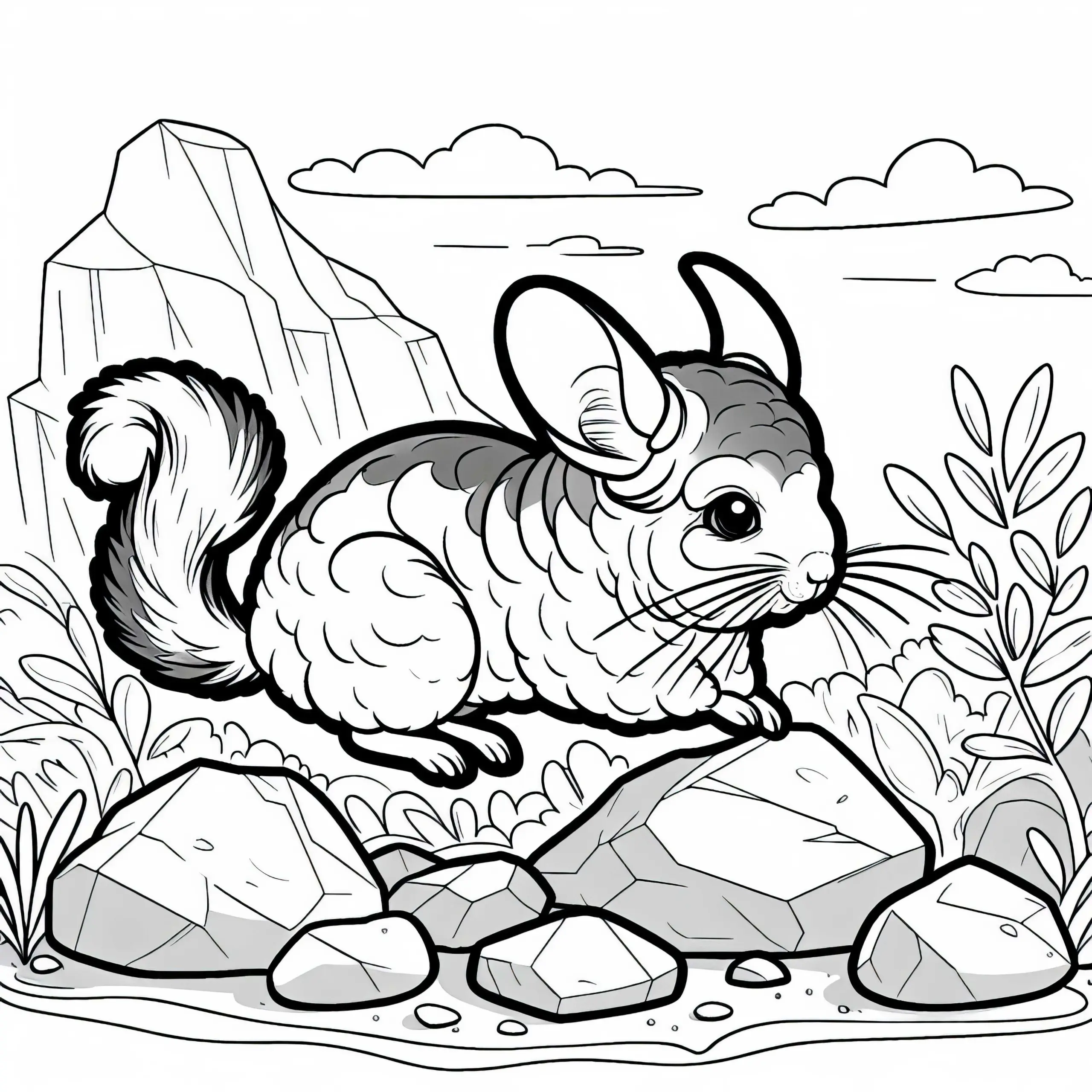 Chinchilla hüpft flink über Felsen und Steine – Ausmalbild gratis
