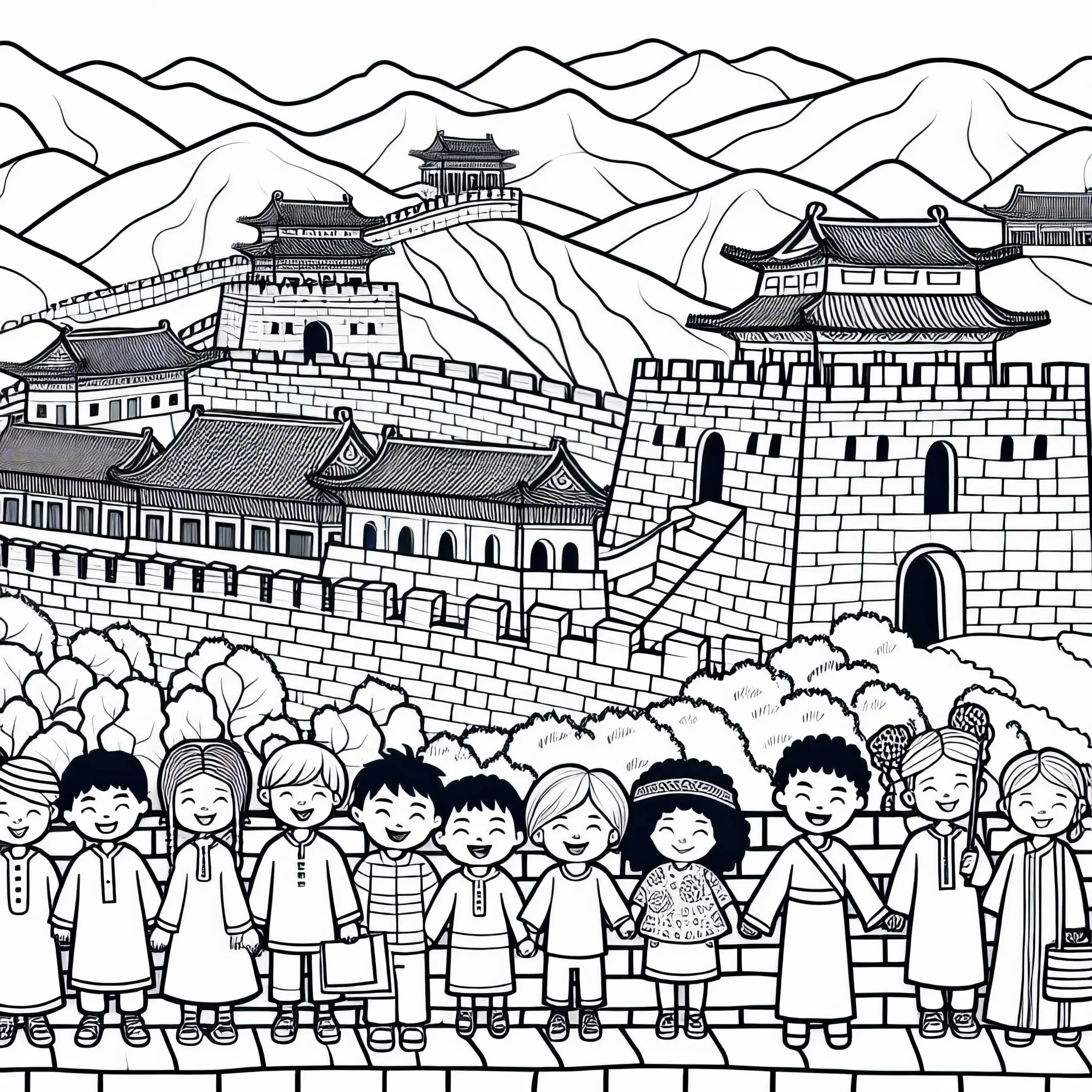 Chinesische Mauer mit Kindern Malvorlage Asien Gratis (Ausmalbild)