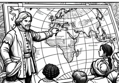 Christoph Kolumbus zeigt Kindern große Karte – Ausmalbild zur Entdeckung Amerikas gratis