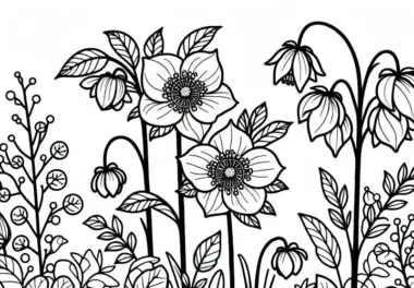 Christrosenbeet im Garten im Winter als Ausmalbild für Winterblumen kostenlos herunterladen